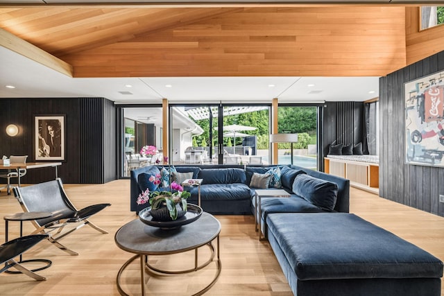 1091 Lynnwood Blvd, Nashville, TN 37215 - living room featuring wooden walls, vaulted ceiling, wood finished floors, and wooden ceiling