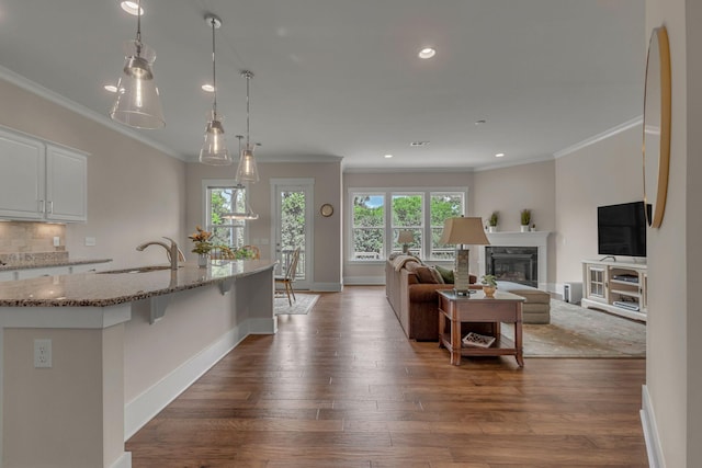 1074 Amelia Park Dr, Franklin, TN 37067 - living room with dark wood finished floors, recessed lighting, crown molding, and a fireplace