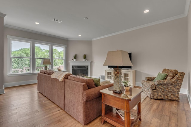 1074 Amelia Park Dr, Franklin, TN 37067 - living area featuring ornamental molding, a glass covered fireplace, light wood-style floors, and recessed lighting