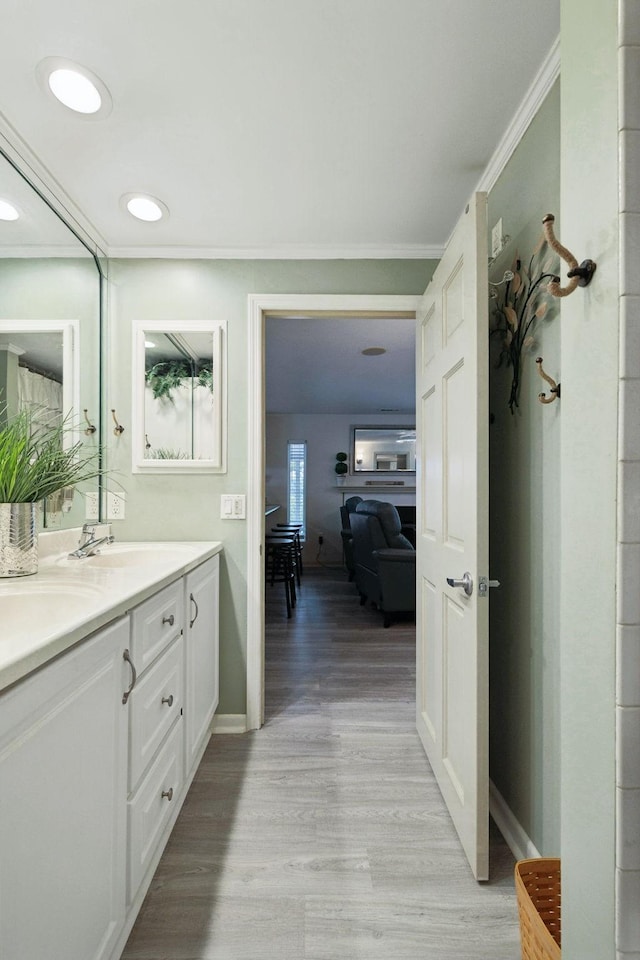 617 Still Point Rd, Smithville, TN 37166 - bathroom featuring ornamental molding, double vanity, wood finished floors, and recessed lighting