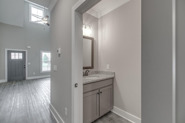 528 Haviture Way, Murfreesboro, TN 37129 - bathroom featuring vanity, plenty of natural light, a high ceiling, and ceiling fan