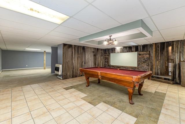 5141 Tranham Rd, Whites Creek, TN 37189 - playroom with wood walls, a paneled ceiling, heating unit, and billiards
