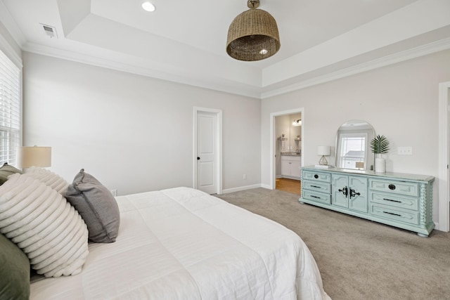 9007 Outpost Dr, Spring Hill, TN 37174 - bedroom with a tray ceiling, light colored carpet, crown molding, and ensuite bathroom