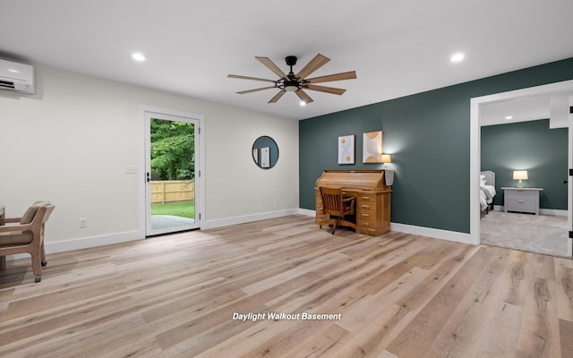 750 S Seminole Dr, Chattanooga, TN 37412 - living room featuring a wall unit AC, ceiling fan, light wood-type flooring, and recessed lighting