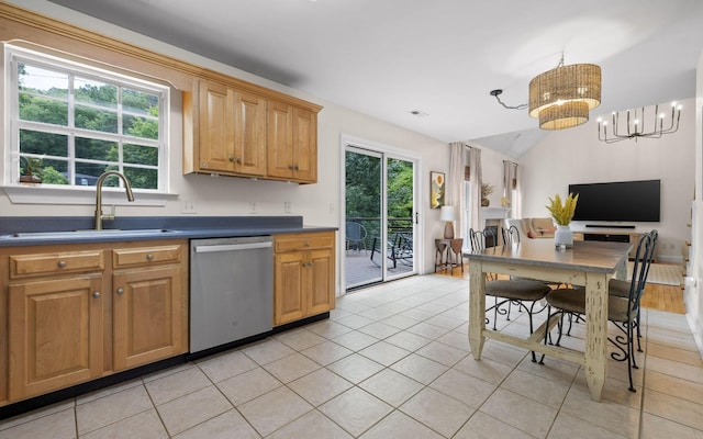 750 S Seminole Dr, Chattanooga, TN 37412 - kitchen featuring dishwasher, dark countertops, light tile patterned floors, a chandelier, and brown cabinetry