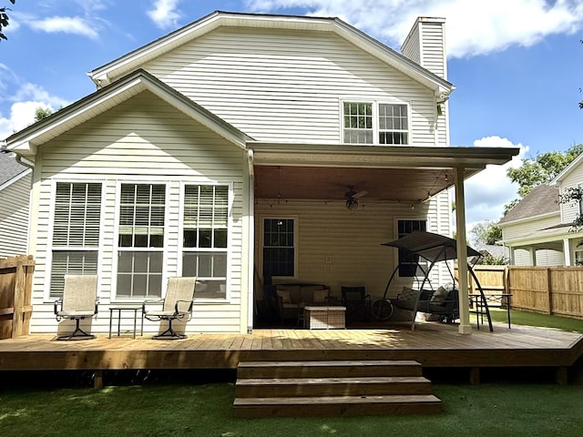 3141 Tristan Dr, Franklin, TN 37064 - rear view of property featuring a ceiling fan, a chimney, a deck, and an outdoor living space
