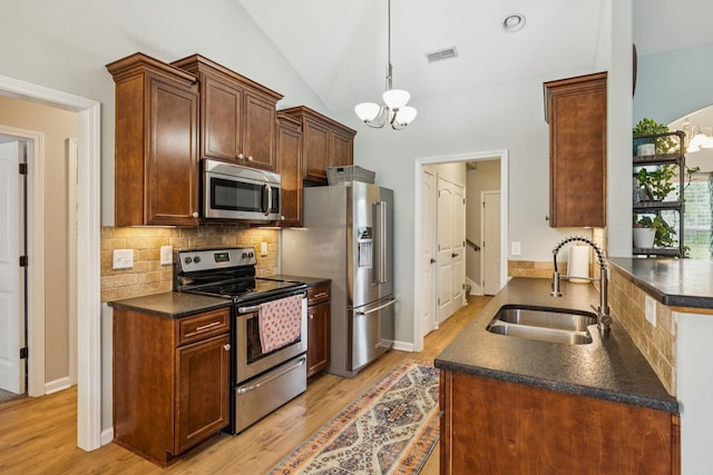 3022 Honeysuckle Dr, Spring Hill, TN 37174 - kitchen featuring stainless steel appliances, dark countertops, a chandelier, backsplash, and light wood-style flooring