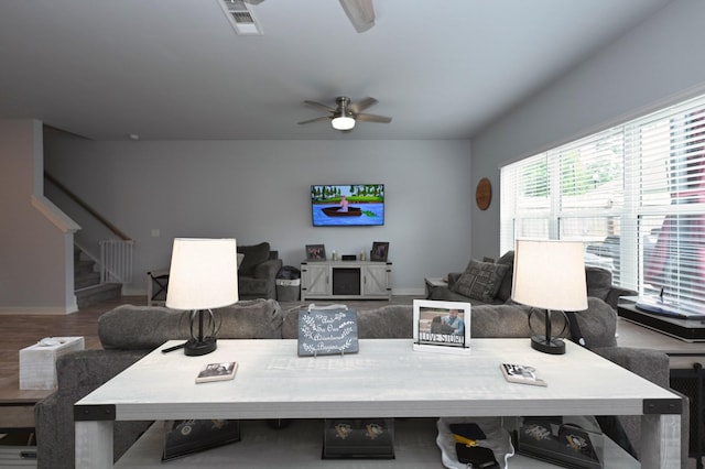 2004 Hardwick Ln, Gallatin, TN 37066 - living room with stairs, ceiling fan, and wood finished floors