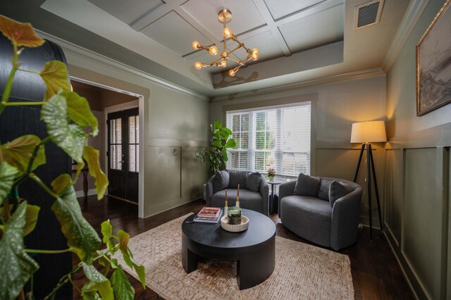 1241 Hensfield Dr, Murfreesboro, TN 37128 - living room with wood finished floors, a chandelier, ornamental molding, wainscoting, and coffered ceiling