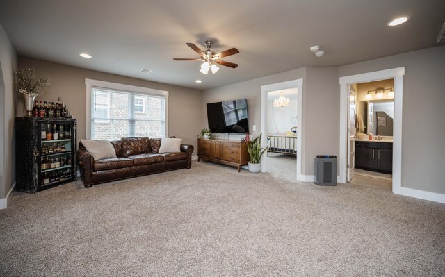 1241 Hensfield Dr, Murfreesboro, TN 37128 - living room featuring light carpet, ceiling fan, and recessed lighting