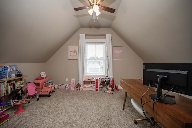 1241 Hensfield Dr, Murfreesboro, TN 37128 - playroom with carpet, ceiling fan, and vaulted ceiling