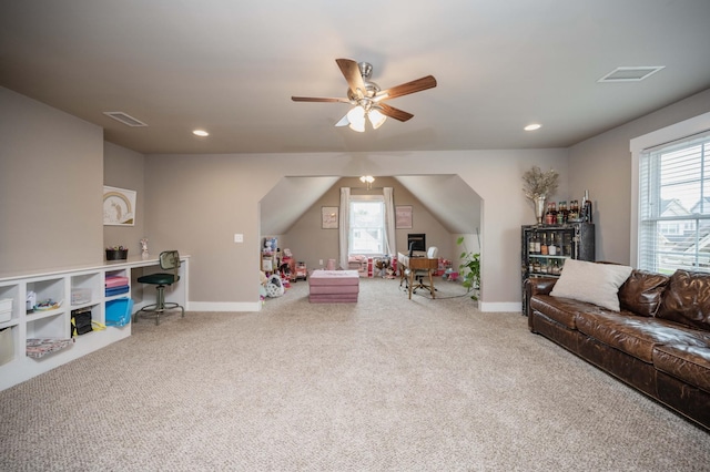 1241 Hensfield Dr, Murfreesboro, TN 37128 - carpeted living area with a ceiling fan, a desk, and recessed lighting