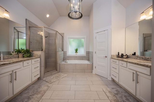 1241 Hensfield Dr, Murfreesboro, TN 37128 - bathroom featuring two vanities, a stall shower, a bath, and high vaulted ceiling