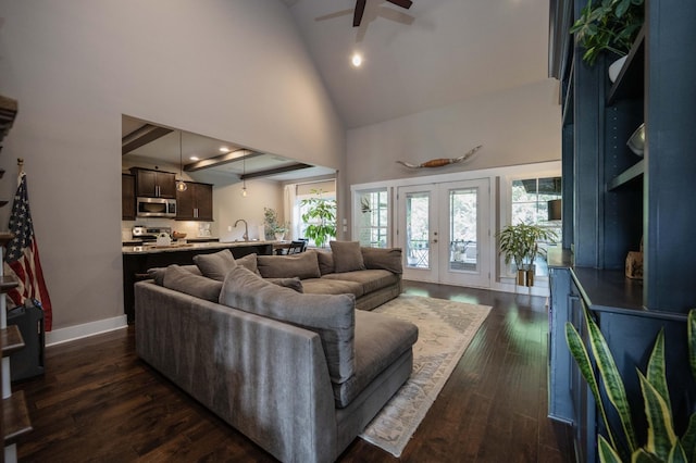 1241 Hensfield Dr, Murfreesboro, TN 37128 - living room with french doors, high vaulted ceiling, plenty of natural light, a ceiling fan, and dark wood finished floors