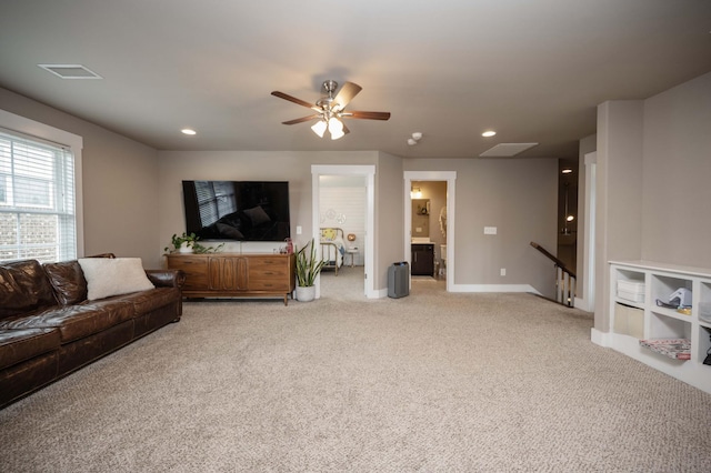 1241 Hensfield Dr, Murfreesboro, TN 37128 - living area featuring light colored carpet, a ceiling fan, and recessed lighting