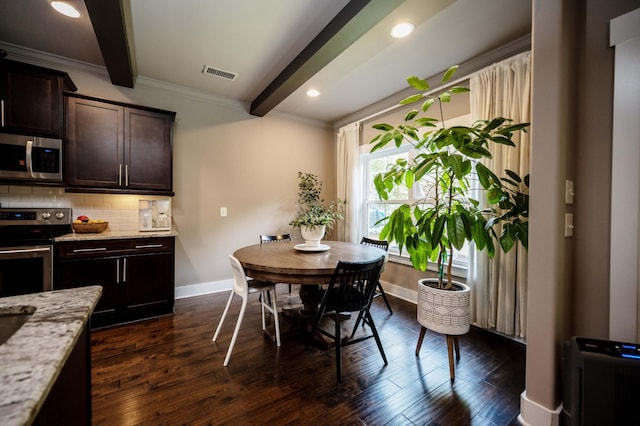 1241 Hensfield Dr, Murfreesboro, TN 37128 - dining area featuring beam ceiling, dark wood-style flooring, ornamental molding, and recessed lighting