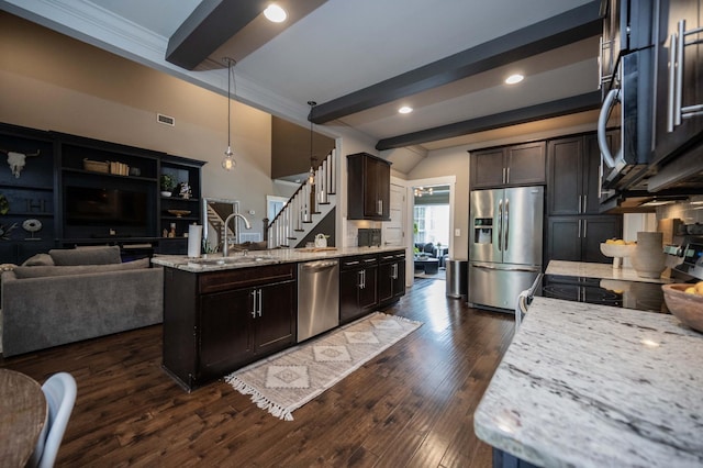1241 Hensfield Dr, Murfreesboro, TN 37128 - kitchen with appliances with stainless steel finishes, ornamental molding, light stone countertops, beam ceiling, and dark wood-type flooring