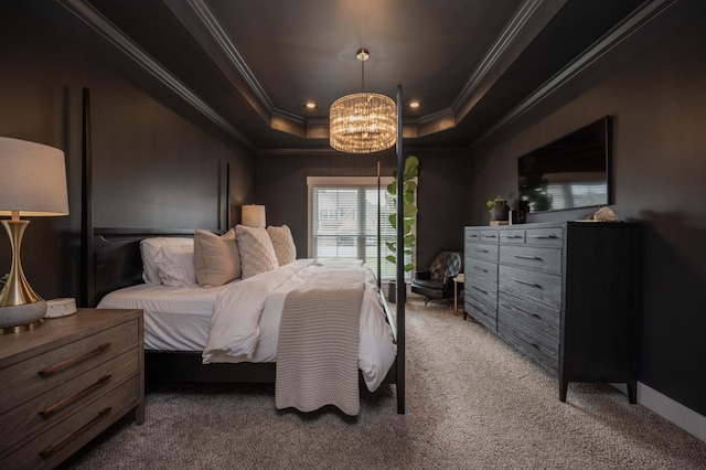 1241 Hensfield Dr, Murfreesboro, TN 37128 - bedroom featuring crown molding, light carpet, a chandelier, a raised ceiling, and recessed lighting