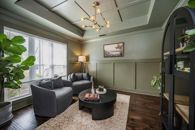 1241 Hensfield Dr, Murfreesboro, TN 37128 - living room with a decorative wall, a chandelier, coffered ceiling, crown molding, and dark wood finished floors