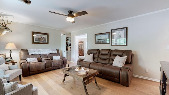 400 Westland Dr, Lebanon, TN 37087 - living area featuring ornamental molding, a ceiling fan, light wood-style floors, and built in features