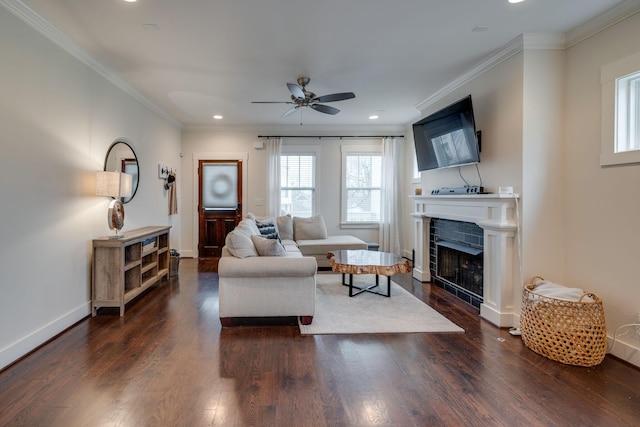 4704B Michigan Ave, Nashville, TN 37209 - living room featuring a ceiling fan, dark wood finished floors, a fireplace, ornamental molding, and recessed lighting