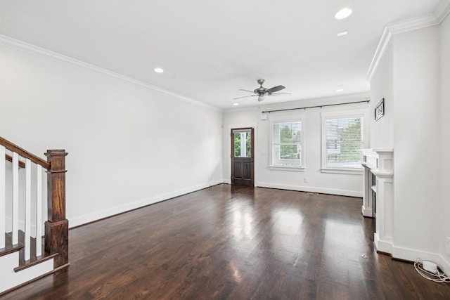 4704B Michigan Ave, Nashville, TN 37209 - unfurnished living room with ceiling fan, stairs, dark wood finished floors, recessed lighting, and ornamental molding
