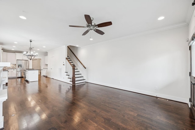 4704B Michigan Ave, Nashville, TN 37209 - unfurnished living room featuring recessed lighting, stairway, a ceiling fan, a chandelier, and ornamental molding