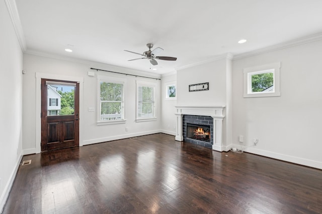4704B Michigan Ave, Nashville, TN 37209 - unfurnished living room featuring plenty of natural light, wood finished floors, ceiling fan, ornamental molding, and a fireplace
