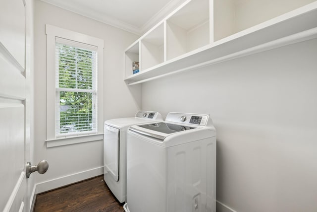4704B Michigan Ave, Nashville, TN 37209 - laundry area with washer and clothes dryer, dark wood finished floors, and ornamental molding