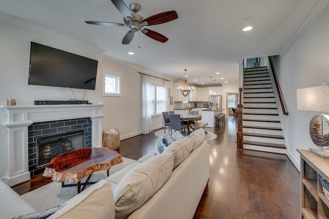4704B Michigan Ave, Nashville, TN 37209 - living area with ornamental molding, a tile fireplace, stairway, ceiling fan, and recessed lighting