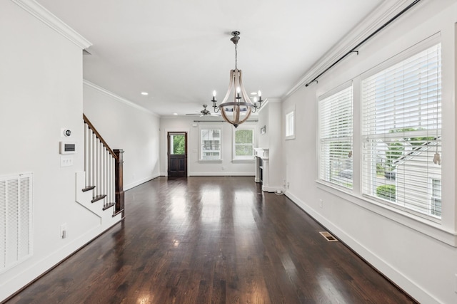 4704B Michigan Ave, Nashville, TN 37209 - unfurnished dining area with a chandelier, healthy amount of natural light, stairs, crown molding, and dark wood-style flooring