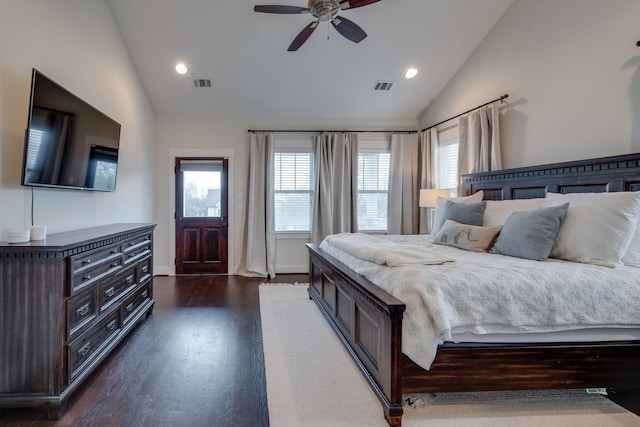 4704B Michigan Ave, Nashville, TN 37209 - bedroom featuring dark wood finished floors, recessed lighting, ceiling fan, and high vaulted ceiling