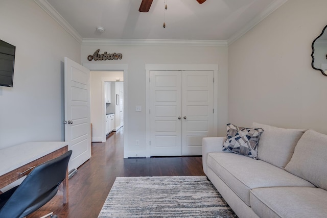 4704B Michigan Ave, Nashville, TN 37209 - living room with dark wood-style floors, ornamental molding, and a ceiling fan