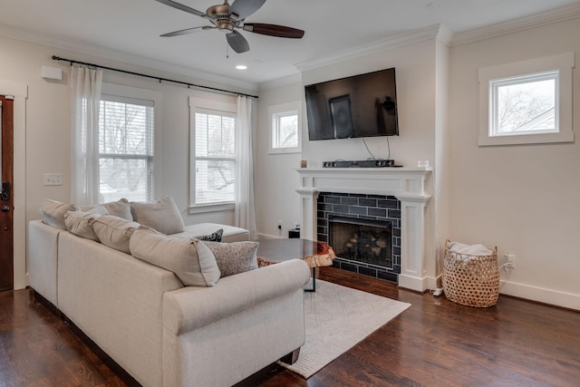 4704B Michigan Ave, Nashville, TN 37209 - living room with ornamental molding, ceiling fan, dark wood-type flooring, a tiled fireplace, and recessed lighting