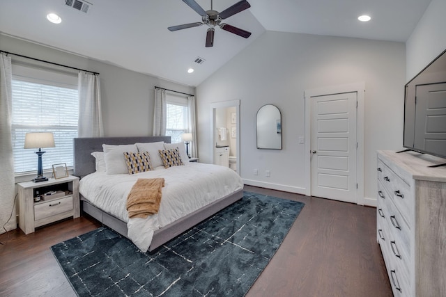 4704B Michigan Ave, Nashville, TN 37209 - bedroom featuring lofted ceiling, dark wood finished floors, ensuite bath, recessed lighting, and ceiling fan