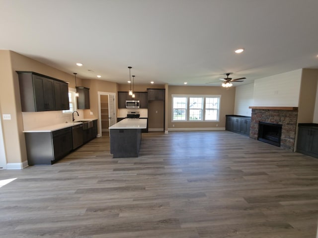 286 Turkey Crossing Ct, Clarksville, TN 37043 - kitchen with appliances with stainless steel finishes, open floor plan, a ceiling fan, recessed lighting, and a stone fireplace