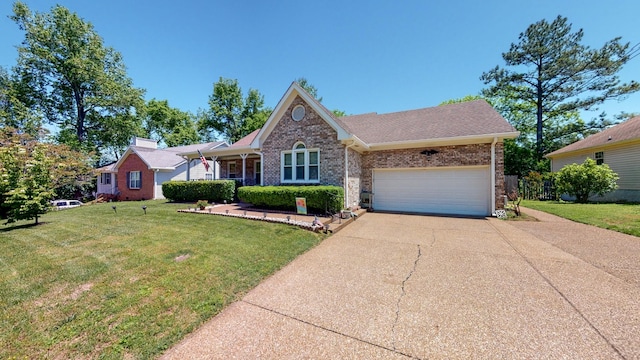 1503 Birchwood Cir, Franklin, TN 37064 - ranch-style home with driveway, a front lawn, an attached garage, brick siding, and roof with shingles