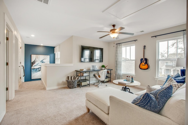 570 Gingerwood Ln, Hendersonville, TN 37075 - living area with attic access, light colored carpet, ceiling fan, and recessed lighting