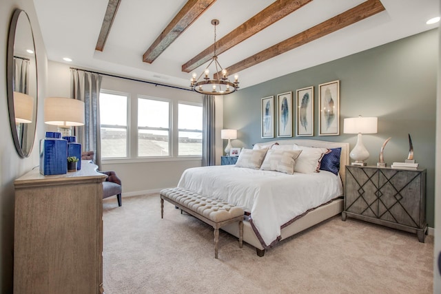 570 Gingerwood Ln, Hendersonville, TN 37075 - bedroom with light carpet, a chandelier, beam ceiling, and recessed lighting