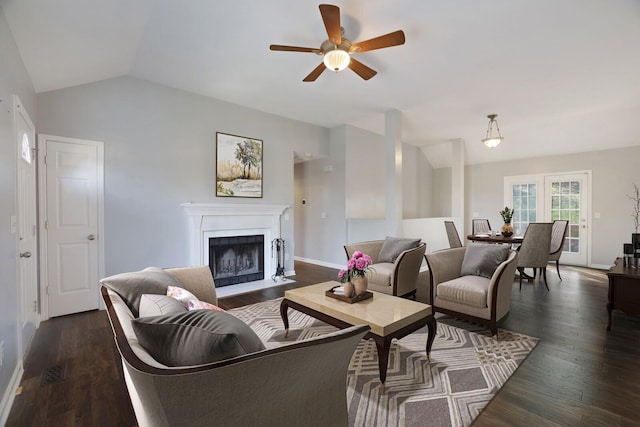 117 Fitzpatrick Ct, Nashville, TN 37214 - living area featuring ceiling fan, lofted ceiling, a fireplace with flush hearth, and dark wood-style flooring