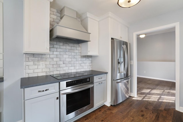117 Fitzpatrick Ct, Nashville, TN 37214 - kitchen featuring stainless steel appliances, premium range hood, dark countertops, and decorative backsplash