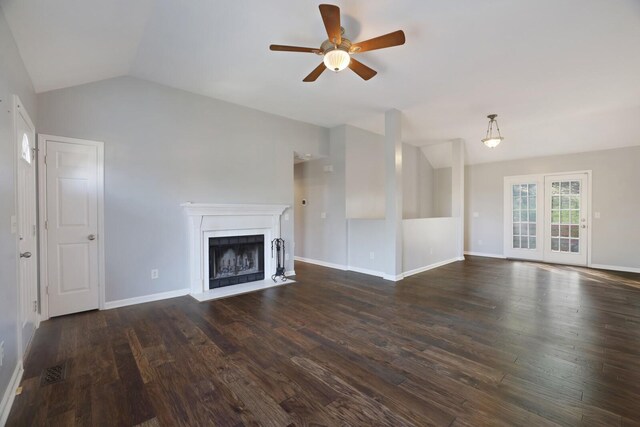 117 Fitzpatrick Ct, Nashville, TN 37214 - unfurnished living room featuring vaulted ceiling, a ceiling fan, a fireplace with flush hearth, and dark wood-style flooring