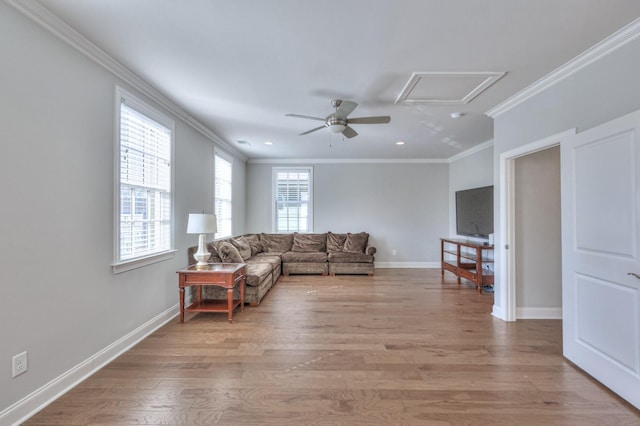 232 Moray Ct, Franklin, TN 37064 - living area with a ceiling fan, crown molding, light wood-style floors, and recessed lighting