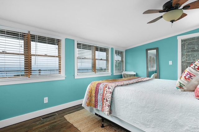 9311 Scenic Hwy, Lookout Mountain, GA 30750 - bedroom with dark wood-type flooring, vaulted ceiling, a ceiling fan, and ornamental molding