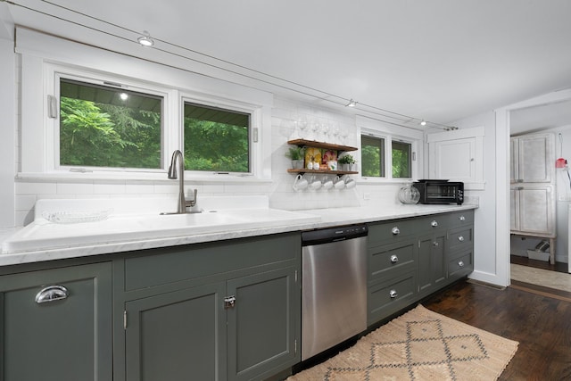 9311 Scenic Hwy, Lookout Mountain, GA 30750 - kitchen featuring stainless steel dishwasher, gray cabinetry, dark wood-style flooring, light stone counters, and tasteful backsplash