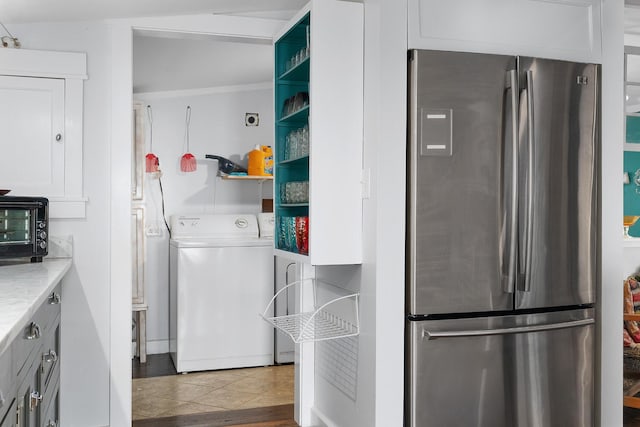 9311 Scenic Hwy, Lookout Mountain, GA 30750 - kitchen with freestanding refrigerator, washer / dryer, and open shelves