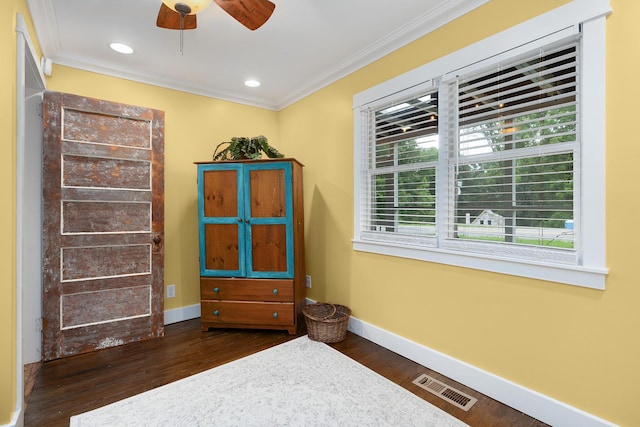 9311 Scenic Hwy, Lookout Mountain, GA 30750 - unfurnished room with crown molding, a ceiling fan, dark wood finished floors, and recessed lighting