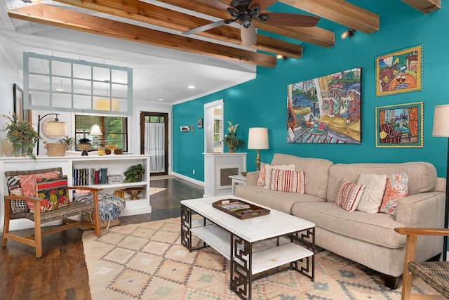 9311 Scenic Hwy, Lookout Mountain, GA 30750 - living area featuring beam ceiling, wood finished floors, ceiling fan, and recessed lighting