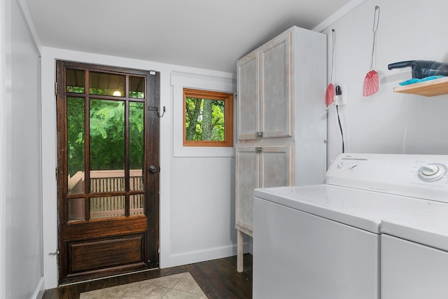 9311 Scenic Hwy, Lookout Mountain, GA 30750 - laundry room featuring cabinet space, dark wood-style floors, and washing machine and dryer