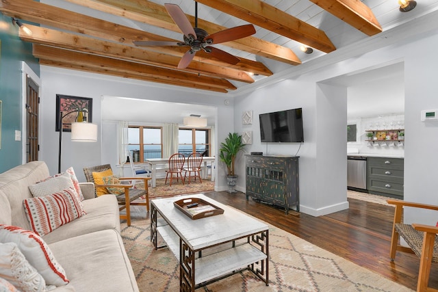 9311 Scenic Hwy, Lookout Mountain, GA 30750 - living room with a ceiling fan, wood-type flooring, and a wooden ceiling with exposed beams